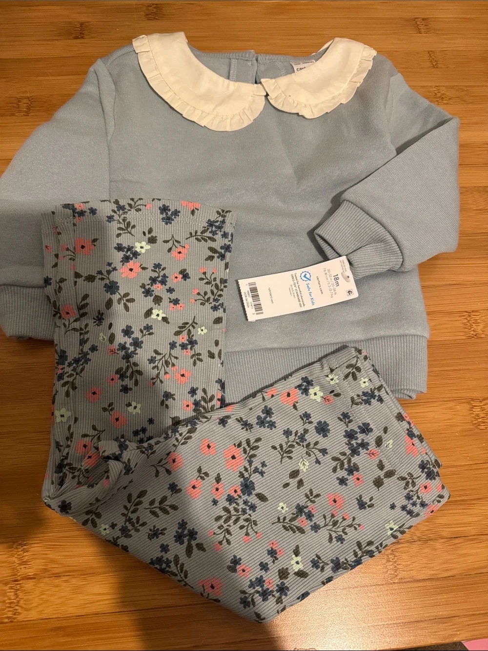 Light Blue Girls' Floral Set with Cream Peter Pan Collar